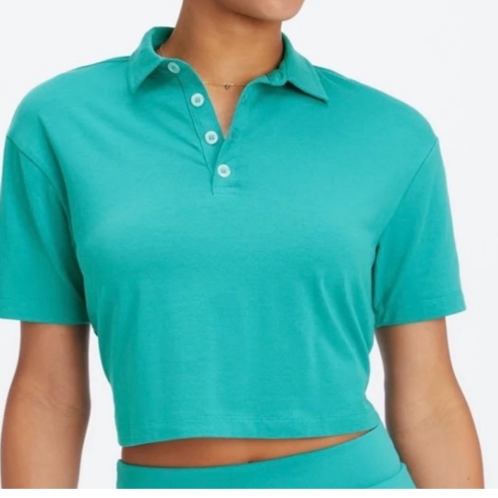 Fabletics Short Sleeve Boxy Polo Cropped Top in Dark Teal Size S - Picture 2 of 9